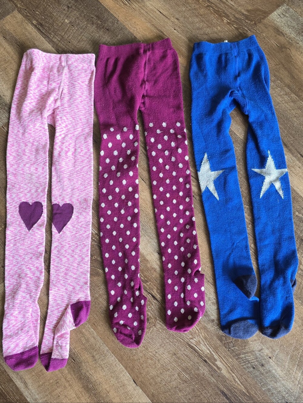 Lands End Size 5-6 Girls Heart, Polka Dot & Star Knit Tights - Pink Lot Of 3